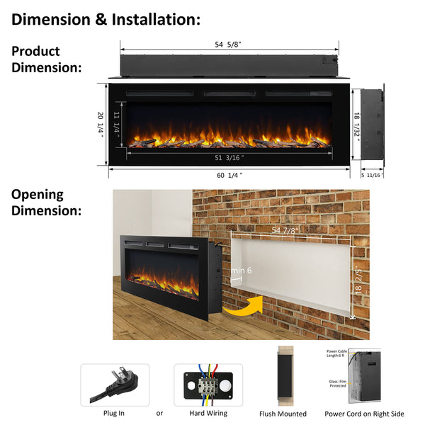 Recessed Electric Fireplace with Log Set & Crystal