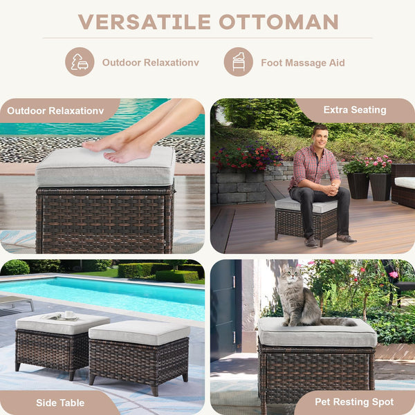 Outdoor Wicker Ottoman Set of 2 with Cushions