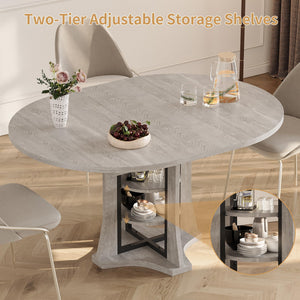 43.3''-59'' Round Extendable Dining Table for 4-6, Modern Kitchen Extendable Dining Room Table with 2-Tier Storage Shelves, Round Oval Dinner Table with Storage for Kitchen Living Room
