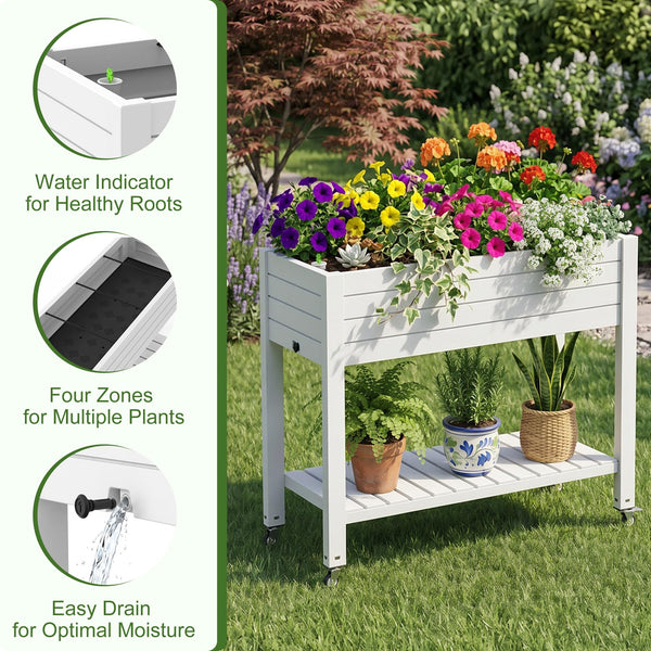 Raised Garden Bed with Wheels, Storage Shelf & Water Level Monitor