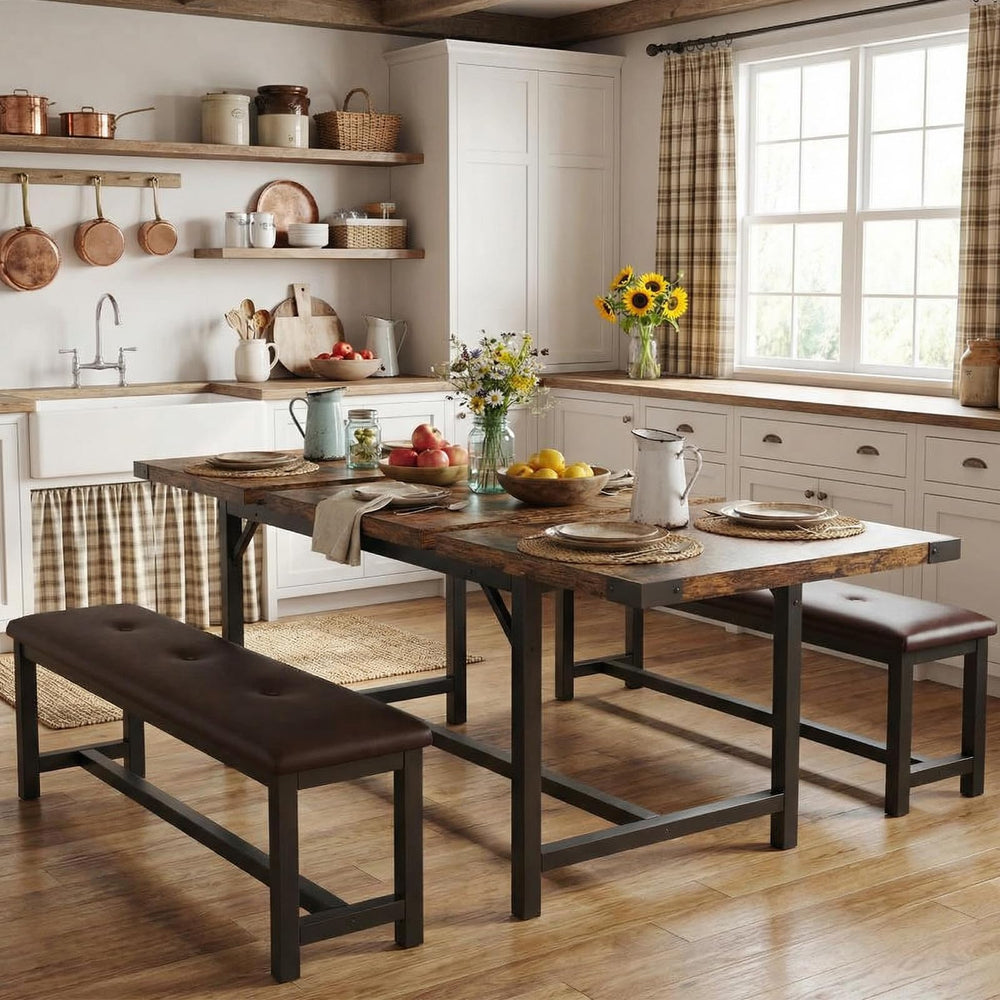 5-Piece Extendable Dining Table Set with 2 Upholstered Benches