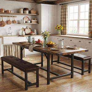 5-Piece Extendable Dining Table Set with 2 Upholstered Benches