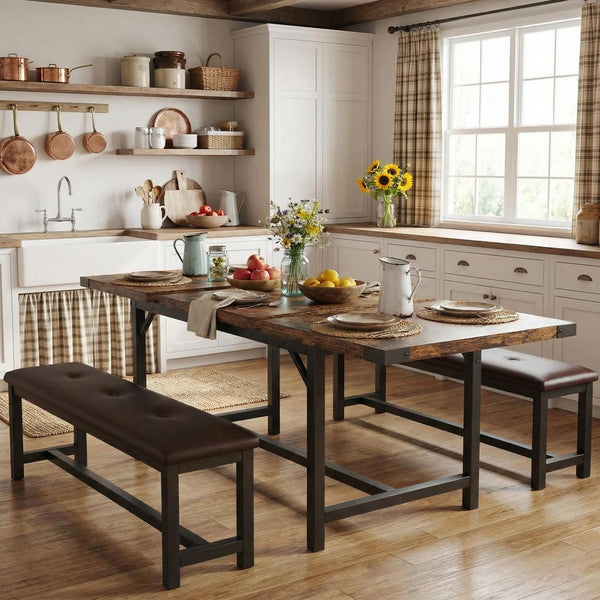 5-Piece Extendable Dining Table Set with 2 Upholstered Benches