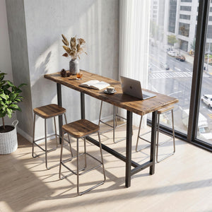 Solid Wood Bar Table with Metal Footrest – 63 Inch Counter Height Dining Table
