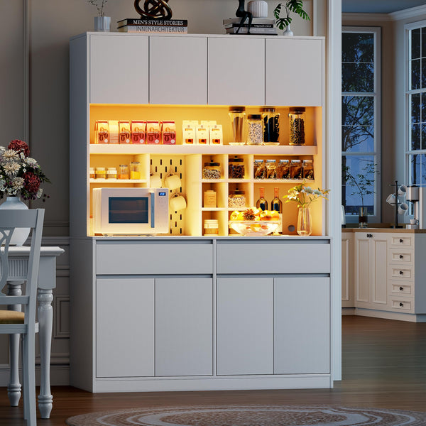 71" Tall Kitchen Pantry Cabinet with LED Light & Charging Station