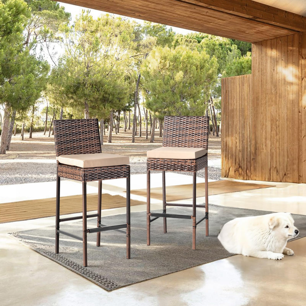 Outdoor Wicker Bar Stools Set of 2 with Cushions