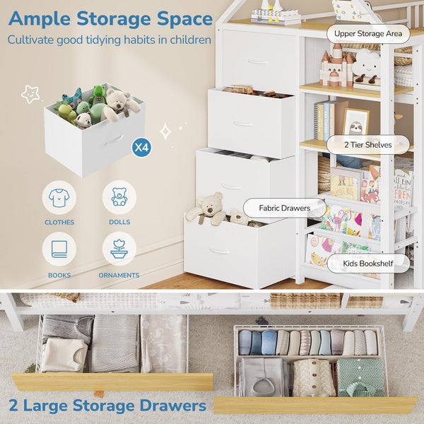 Twin Low Bunk Bed with Storage Drawers & House Design