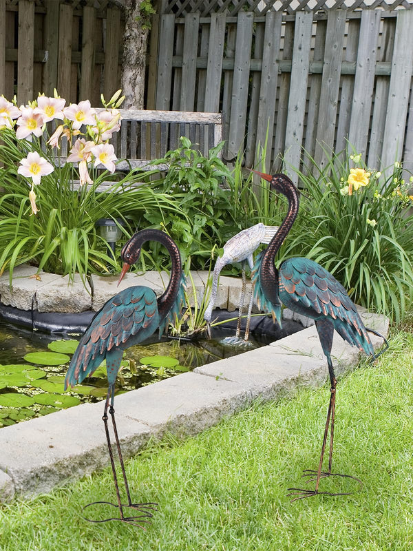 Metal Blue Heron Garden Statues Set of 2 – Outdoor Yard Art Lawn Sculptures