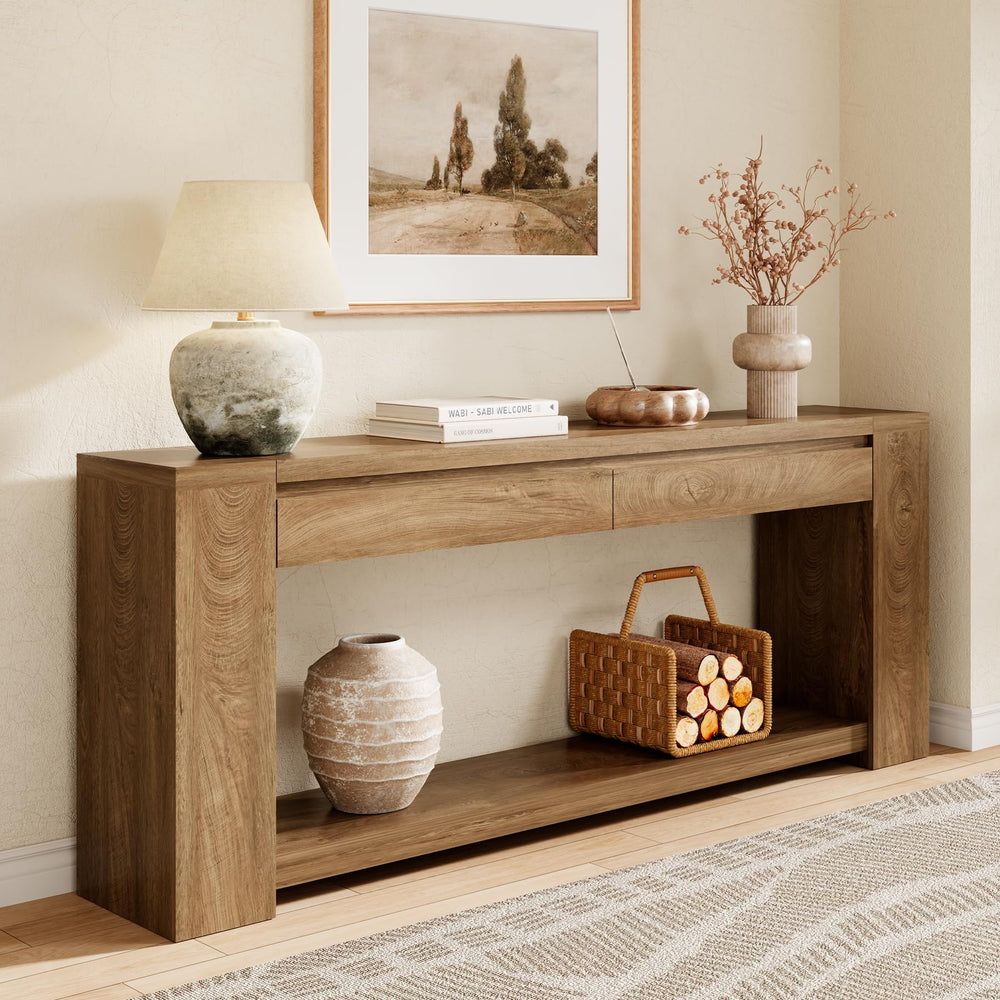 Extra Long Console Table with 2 Drawers & Open Shelf
