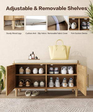 Rattan Shoe Storage Bench with Cushion & Adjustable Shelves