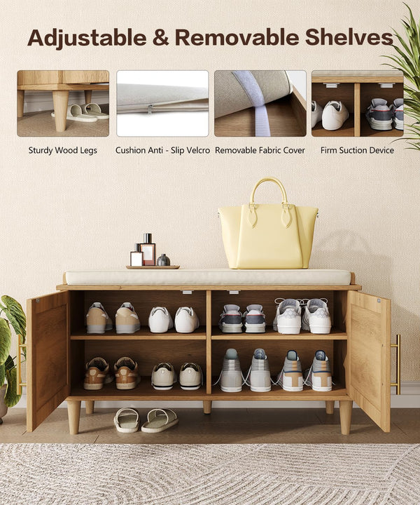 Rattan Shoe Storage Bench with Cushion & Adjustable Shelves