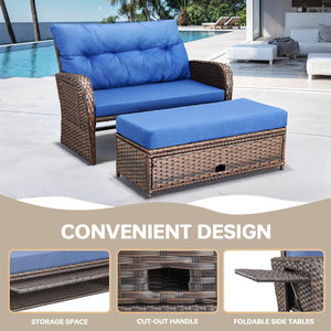 Outdoor Wicker Recliner Daybed Loveseat with Stowable Side Trays