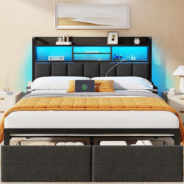 Full Size Bed Frame with Storage Drawers, Charging Station & LED Lights