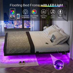 King Size Floating Metal Bed Frame with LED Light & Charging Station