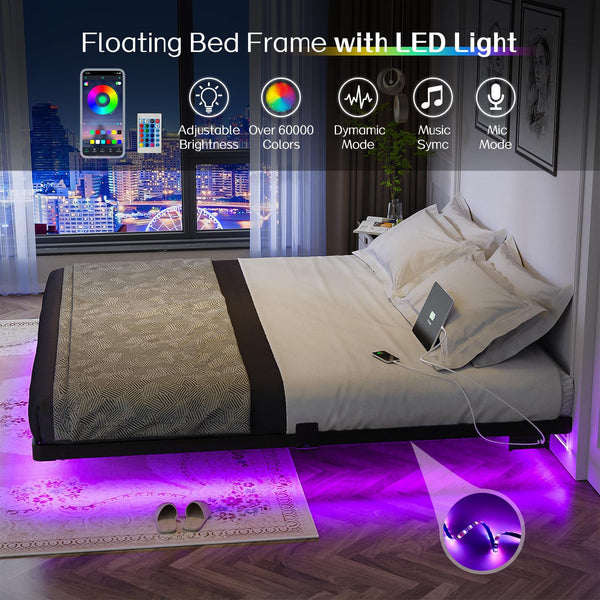 King Size Floating Metal Bed Frame with LED Light & Charging Station