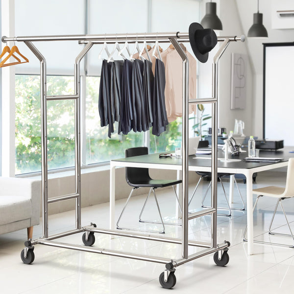 Heavy Duty Double Rail Garment Rack, 200 lb Capacity, Extendable Rod