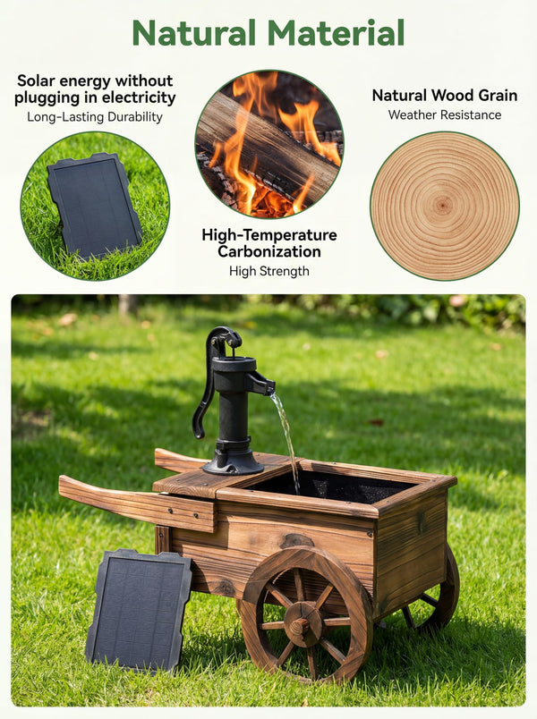 Solar-Powered Wood Outdoor Fountain with Hand Pump Cart Design