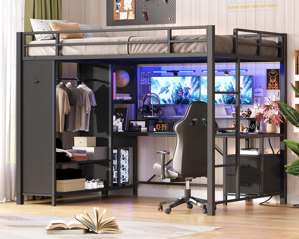 Twin Size Loft Bed with Desk, Wardrobe & Charging Station
