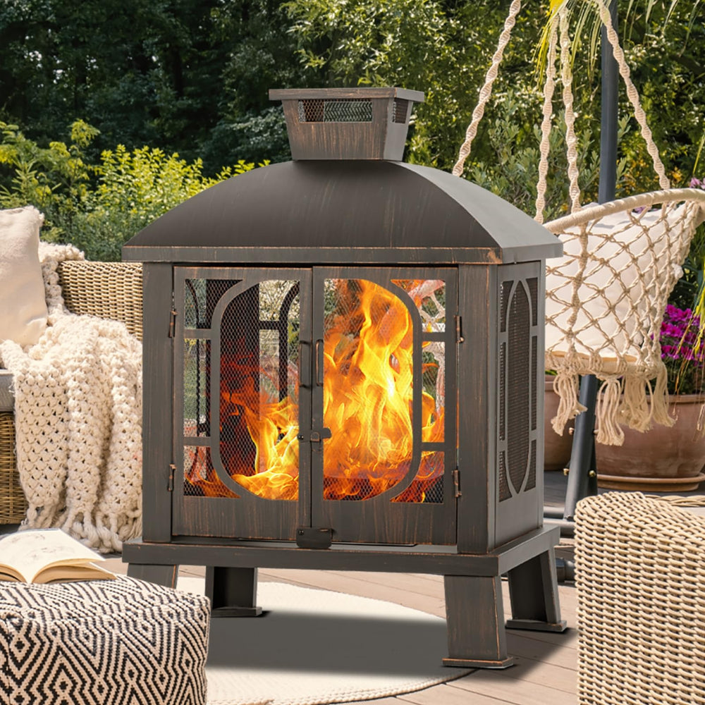 Square Metal Chiminea Fire Pit with Grill