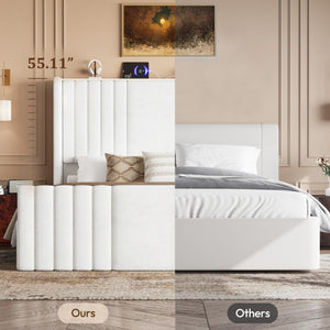 Queen Velvet Platform Bed with Wingback Headboard & Reading Lights