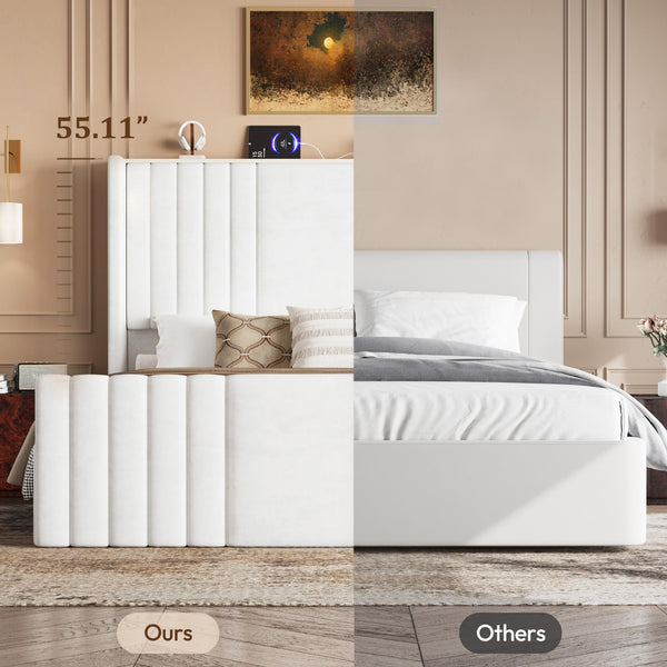 Queen Velvet Platform Bed with Wingback Headboard & Reading Lights