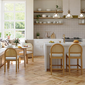 Upholstered Rattan Bar Stools – Solid Wood Counter Height Stools with Chenille Seat