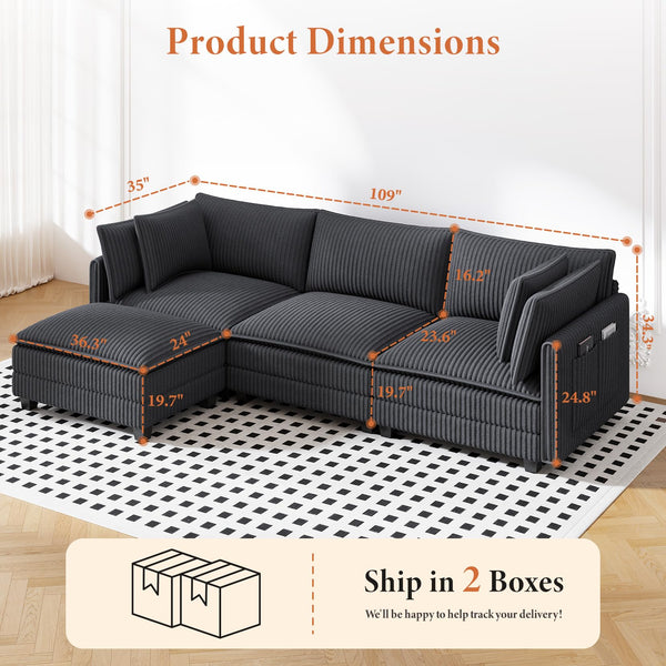 109" L-Shaped Corduroy Sectional Sofa with Ottoman