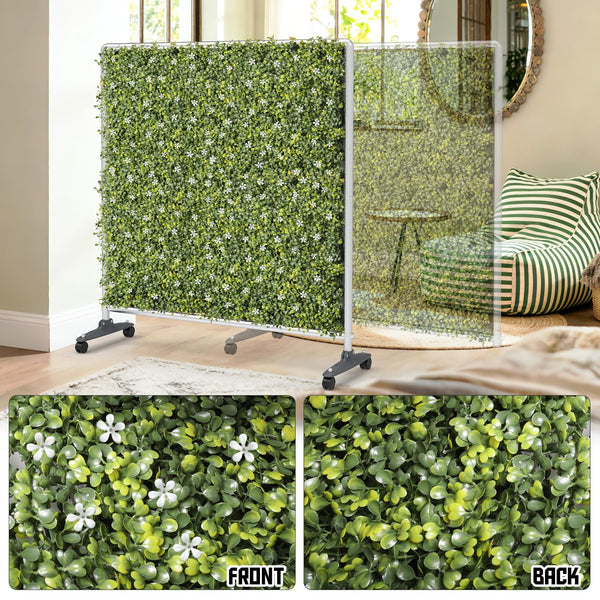 Freestanding Faux Hedge Privacy Screen Room Divider with Wheels – Boxwood Panels, Steel Frame