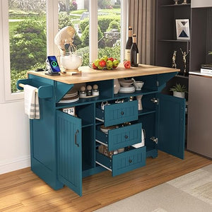 Rolling Kitchen Island with Drop Leaf Countertop & Power Outlets
