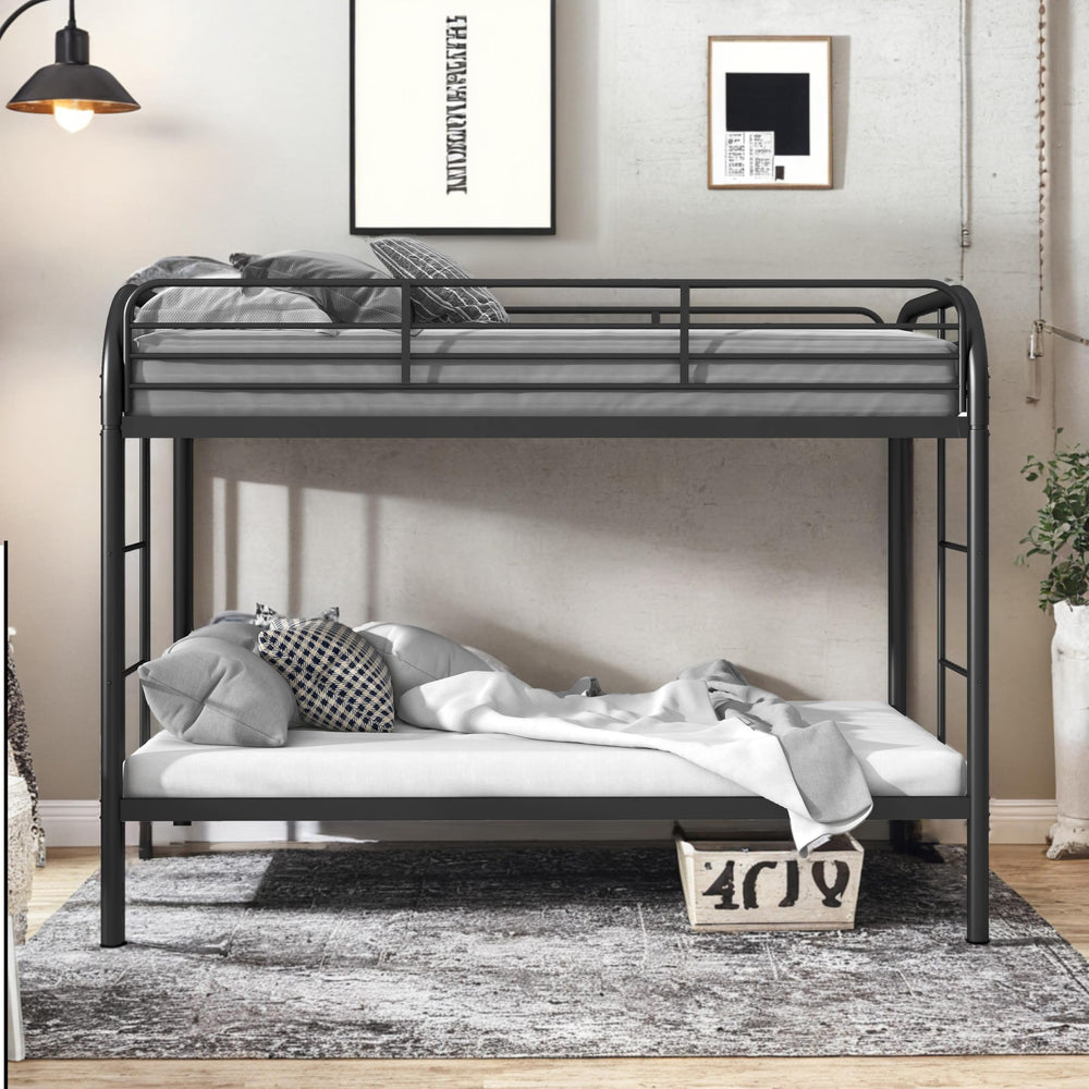 Twin Over Twin Metal Bunk Bed with Dual Ladders and Full-Length Guardrail
