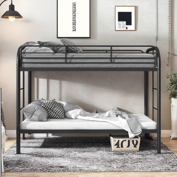 Twin Over Twin Metal Bunk Bed with Dual Ladders and Full-Length Guardrail