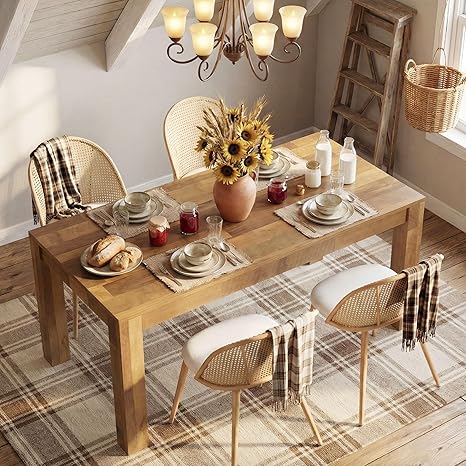 Extendable Farmhouse Dining Table Set with 4 Rattan Chairs