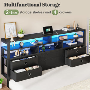 King Size Bed Frame with LED Lights, Storage Headboard & Charging Ports
