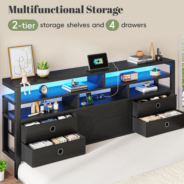 King Size Bed Frame with LED Lights, Storage Headboard & Charging Ports