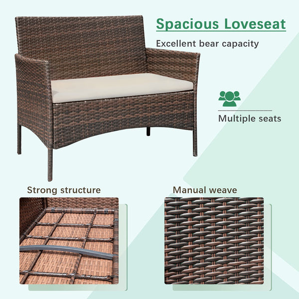 4-Piece Outdoor Wicker Patio Conversation Set with Cushions & Glass Table