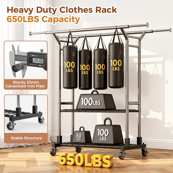 Heavy Duty Double Rod Clothes Rack with Shelves & Lockable Wheels