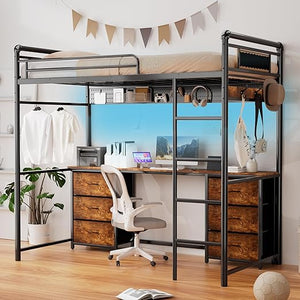 Twin Loft Bed with L-Shaped Desk, LED Lights & Storage