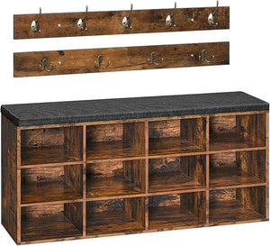 Entryway Shoe Storage Bench with Cushion & Coat Rack, 12 Cubbies, 330 lb Capacity