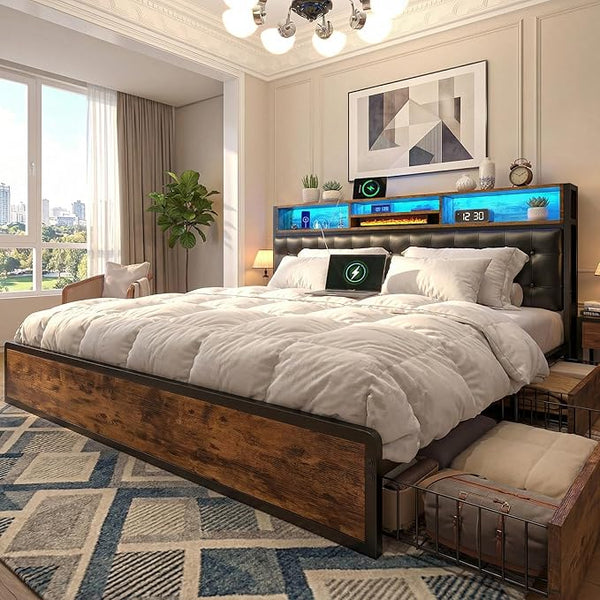Queen Bed Frame with Storage Drawers & Charging Station