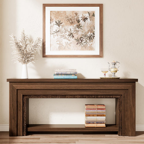 Wood Console Table with Double-Layer Open Storage — Rustic Brown