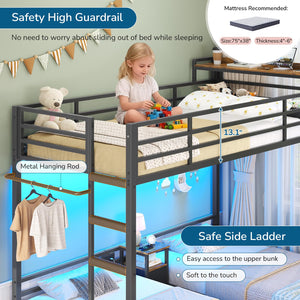 Triple Bunk Bed Twin Over Twin with LED Lights & Storage