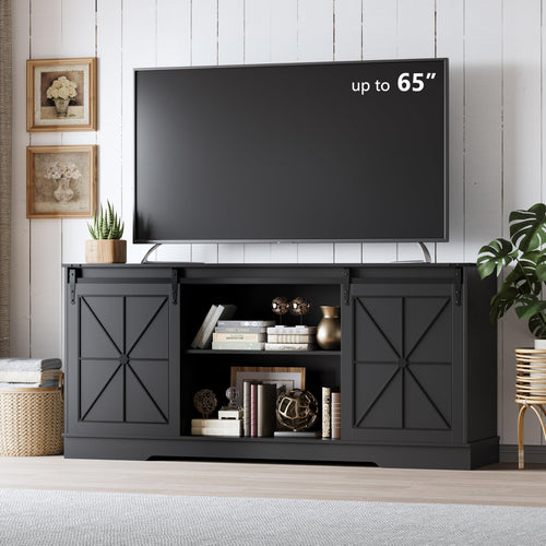 Farmhouse TV Stand with Sliding Barn Doors & Storage Cabinets