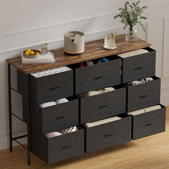 9-Drawer Fabric Dresser with Metal Frame & Wood Top