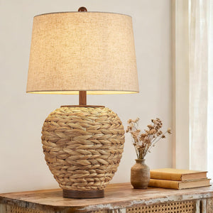 Natural Seagrass Woven Table Lamp with Linen Shade