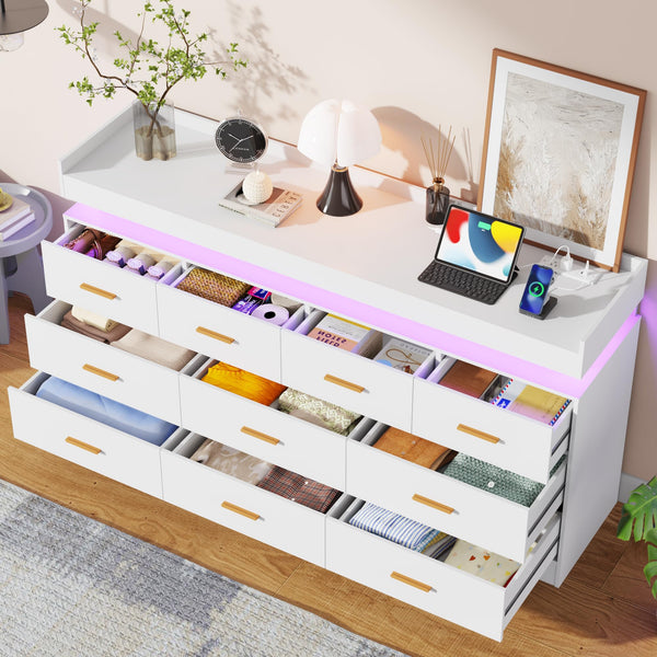 10-Drawer Dresser with Power Outlet and LED Light