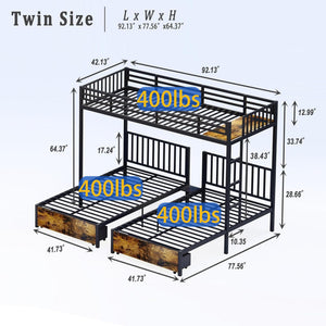 Triple Bunk Bed with Charging Station & LED Lights — Metal, Storage Drawers, Convertible
