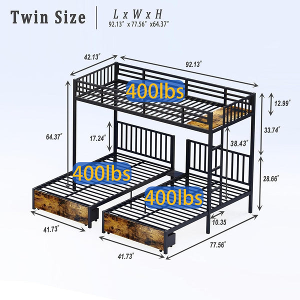 Triple Bunk Bed with Charging Station & LED Lights — Metal, Storage Drawers, Convertible