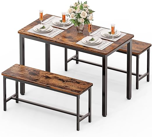 3-Piece Dining Table Set with 2 Benches
