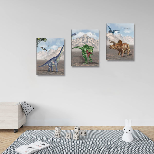 Dinosaur Canvas Wall Art – 3-Panel Framed Set, 16"x24" Each