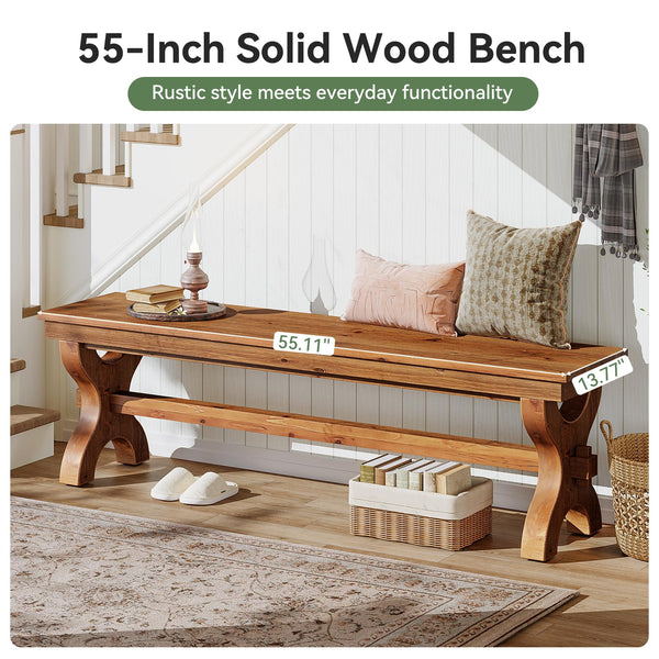 Solid Wood Entryway Bench – 55" Farmhouse Style